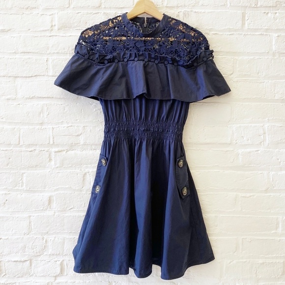 Self-Portrait || Hudson Lace-Yoke Ruffle Smocked Waist Mini Dress Navy Blue 4 - Picture 1 of 9